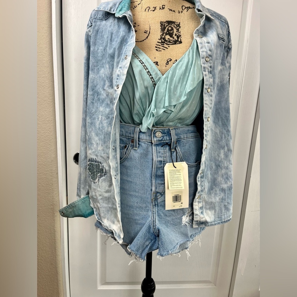 Vintage Allston Distressed Acid Wash Denim Western Shirt | Boho Punk Patchwork